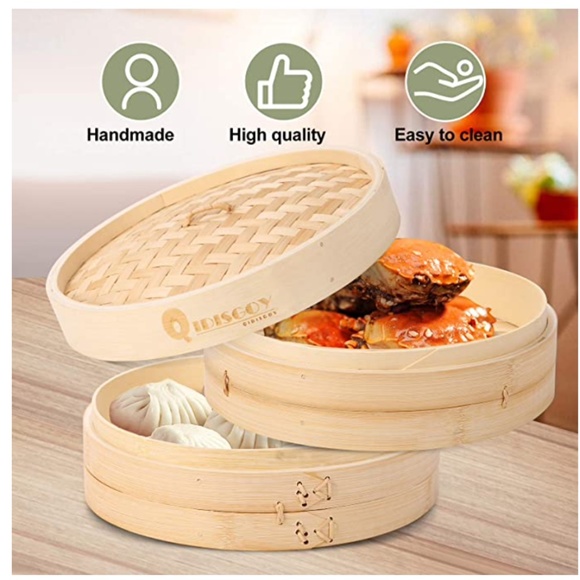 NEW 10 inch Bamboo 2 layer Steamer Basket With Lid - Picture 2 of 6